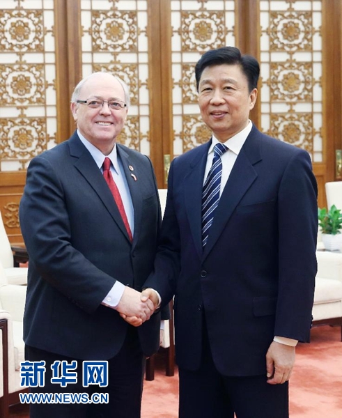 1月4日，中國國家副主席李源潮在北京人民大會堂會見加拿大參議長富里。新華社記者 姚大偉 攝