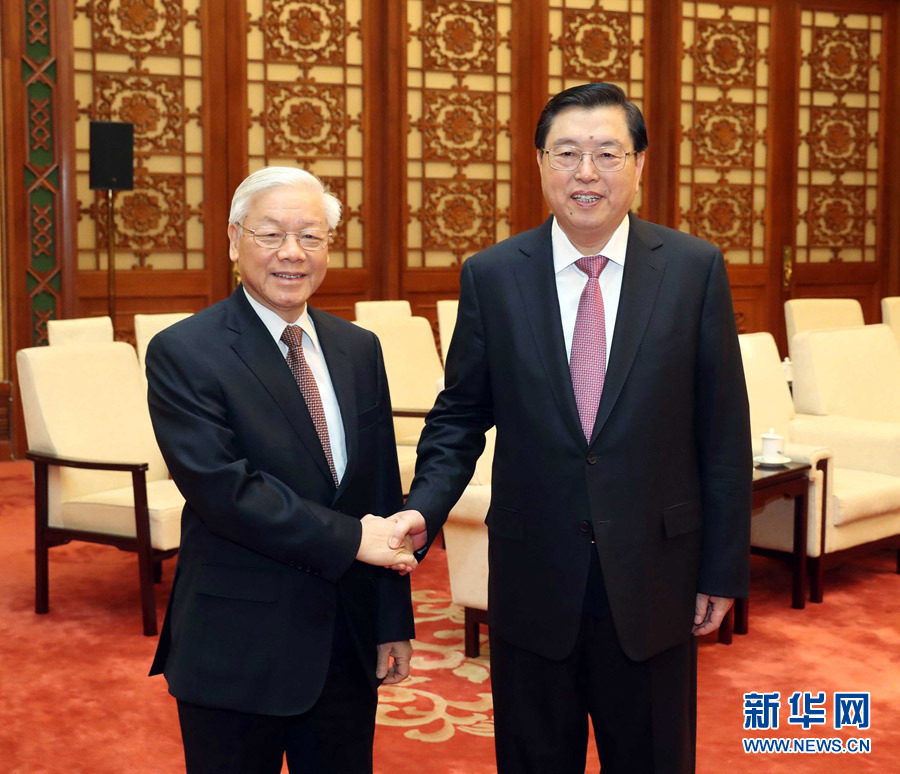 1月13日，中共中央政治局常委、全國人大常委會委員長張德江在北京人民大會堂會見越共中央總書記阮富仲。 新華社記者 劉衛(wèi)兵 攝