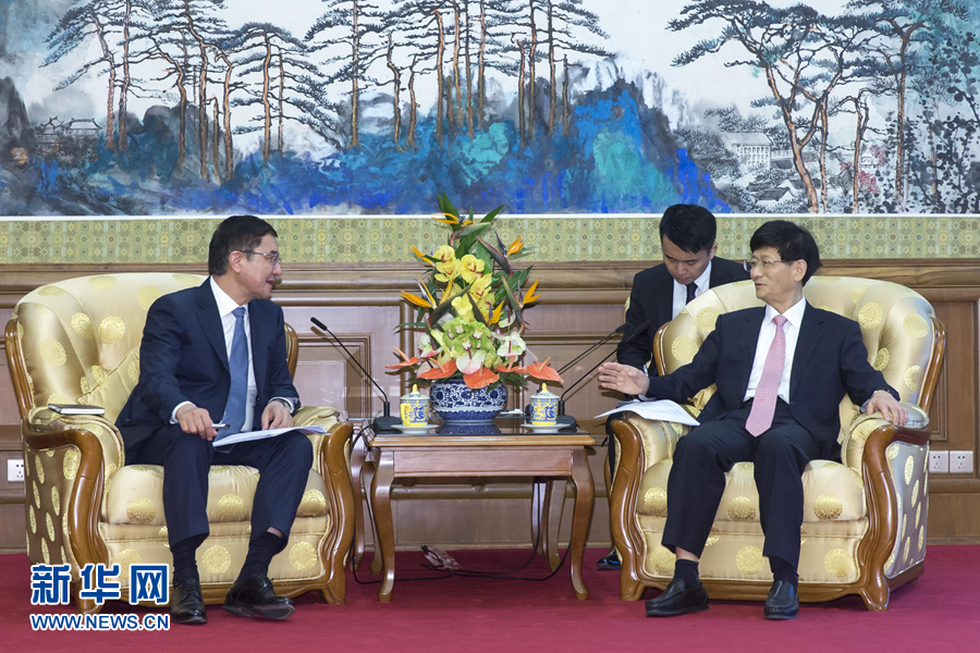 7月19日，中共中央政治局委員、中央政法委書記孟建柱在北京會見烏茲別克斯坦副總理庫奇卡羅夫。 新華社記者崔新鈺攝
