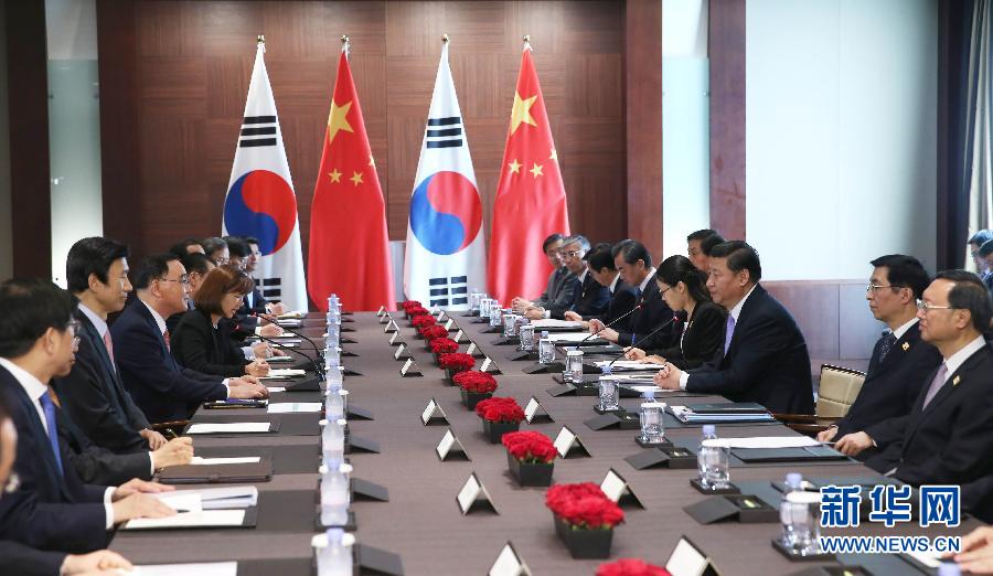 7月4日，國家主席習(xí)近平在首爾會見韓國總理鄭烘原。 新華社記者謝環(huán)馳攝 