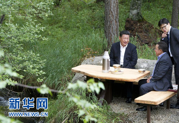 8月22日，國(guó)家主席習(xí)近平同蒙古國(guó)總統(tǒng)額勒貝格道爾吉在烏蘭巴托市郊的總統(tǒng)官邸再次會(huì)晤。這是習(xí)近平同額勒貝格道爾吉會(huì)晤后在溪畔飲茶。新華社記者 黃敬文 攝