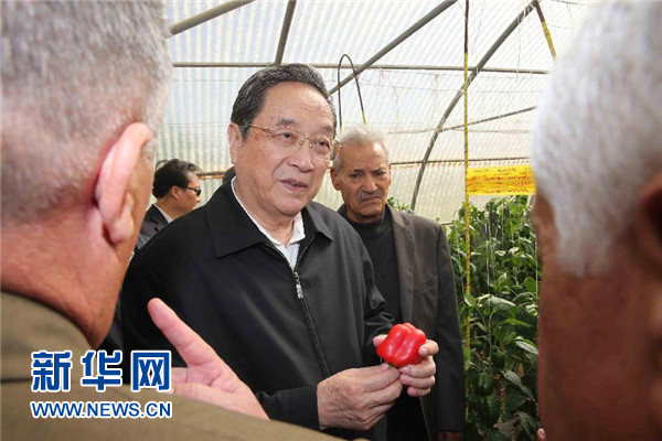 11月8日，正在約旦進(jìn)行正式友好訪問(wèn)的全國(guó)政協(xié)主席俞正聲在約旦河谷參觀碩果農(nóng)業(yè)合作社。 新華社記者 劉衛(wèi)兵 攝 