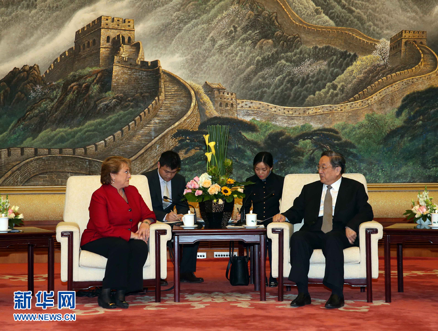 11月11日，全國政協(xié)主席俞正聲在北京人民大會(huì)堂會(huì)見智利總統(tǒng)巴切萊特。 新華社記者 劉衛(wèi)兵 攝