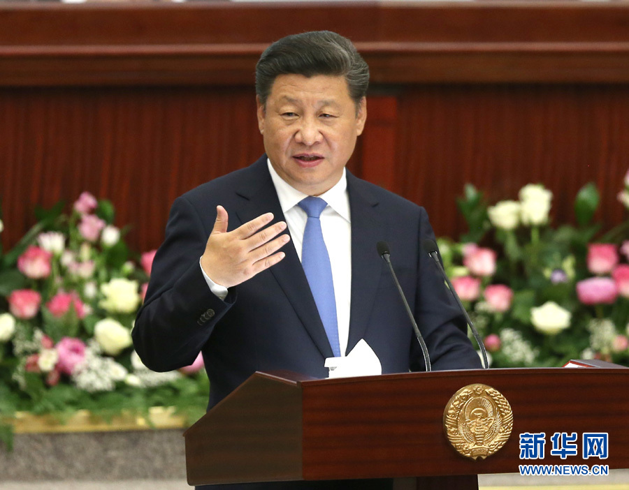 6月22日，國家主席習(xí)近平在塔什干烏茲別克斯坦最高會議立法院發(fā)表題為《攜手共創(chuàng)絲綢之路新輝煌》的重要演講。 新華社記者馬占成攝