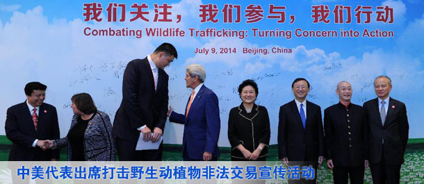 劉延?xùn)|、楊潔篪同美國(guó)國(guó)務(wù)卿克里共同出席中美打擊野生動(dòng)植物非法交易宣傳活動(dòng)（圖）